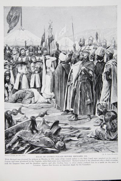 Isaac af Cypern bønfalder Richard, 1191, illustration fra 